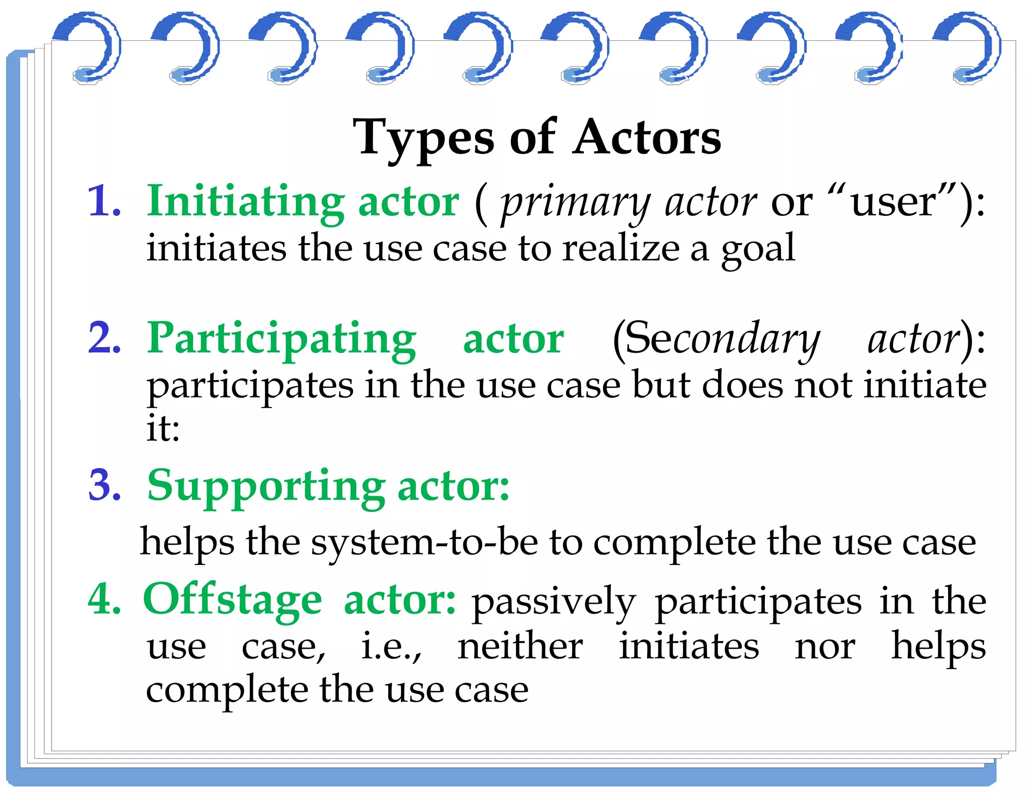 Types of Actors
1. Initiating actor ( primary actor or “user”):
initiates the use case to realize a goal
2. Participating actor (Secondary actor):
participates in the use case but does not initiateparticipates in the use case but does not initiate
it:
3. Supporting actor:
helps the system-to-be to complete the use case
4. Offstage actor: passively participates in the
use case, i.e., neither initiates nor helps
complete the use case
 