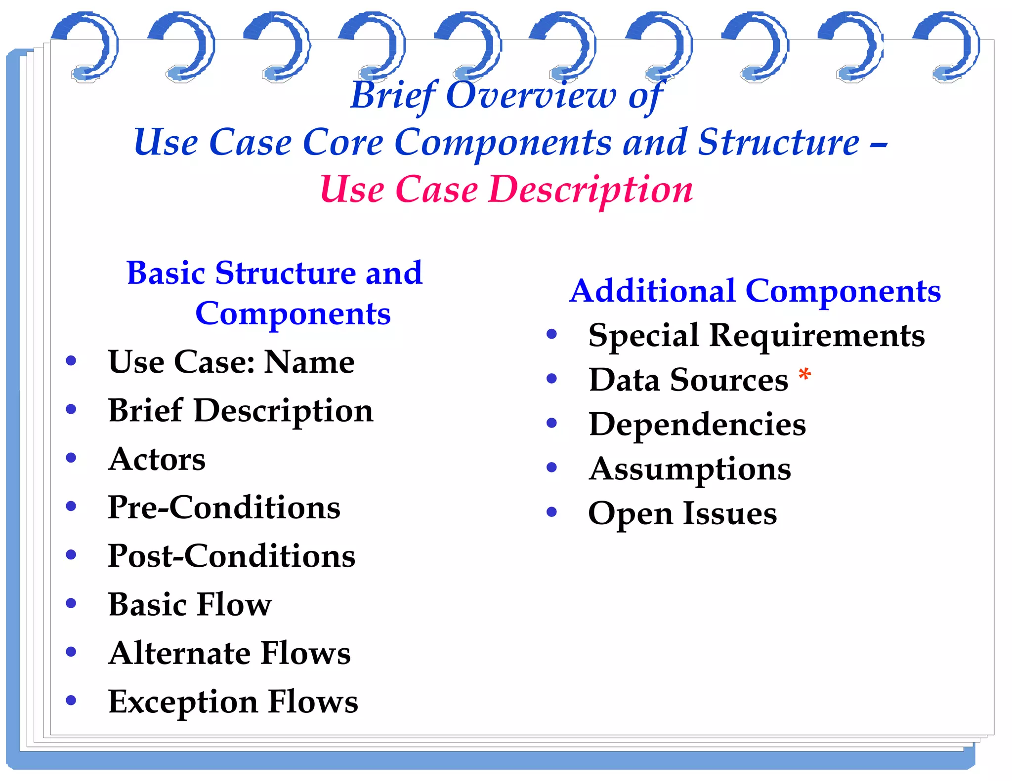 Brief Overview of
Use Case Core Components and Structure –
Use Case Description
Basic Structure and
Components
• Use Case: Name
• Brief Description
Additional Components
• Special Requirements
• Data Sources *
• Brief Description
• Actors
• Pre-Conditions
• Post-Conditions
• Basic Flow
• Alternate Flows
• Exception Flows
• Data Sources *
• Dependencies
• Assumptions
• Open Issues
 