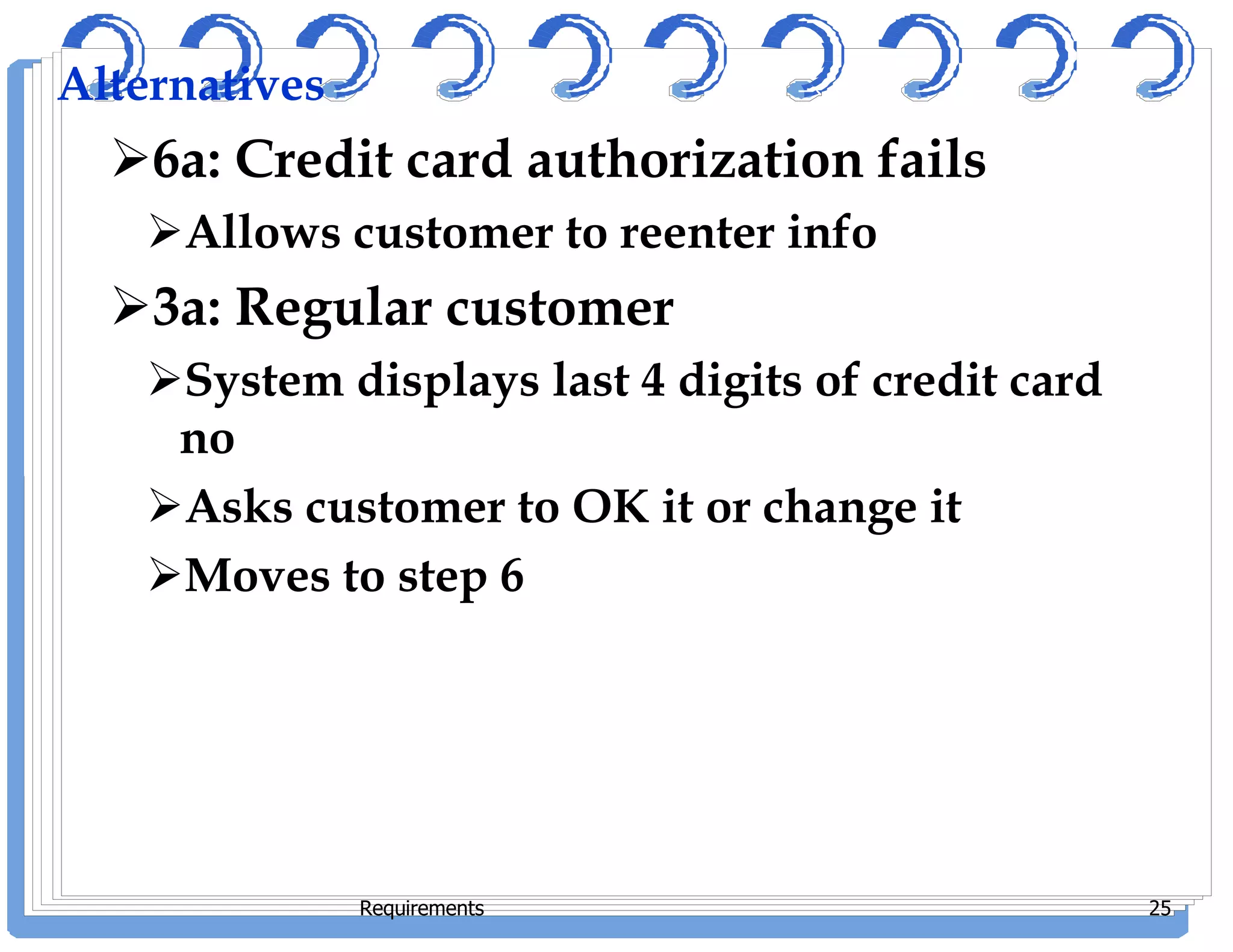 Alternatives
6a: Credit card authorization fails
Allows customer to reenter info
3a: Regular customer
System displays last 4 digits of credit card
no
Asks customer to OK it or change it
Moves to step 6
Requirements 25
 