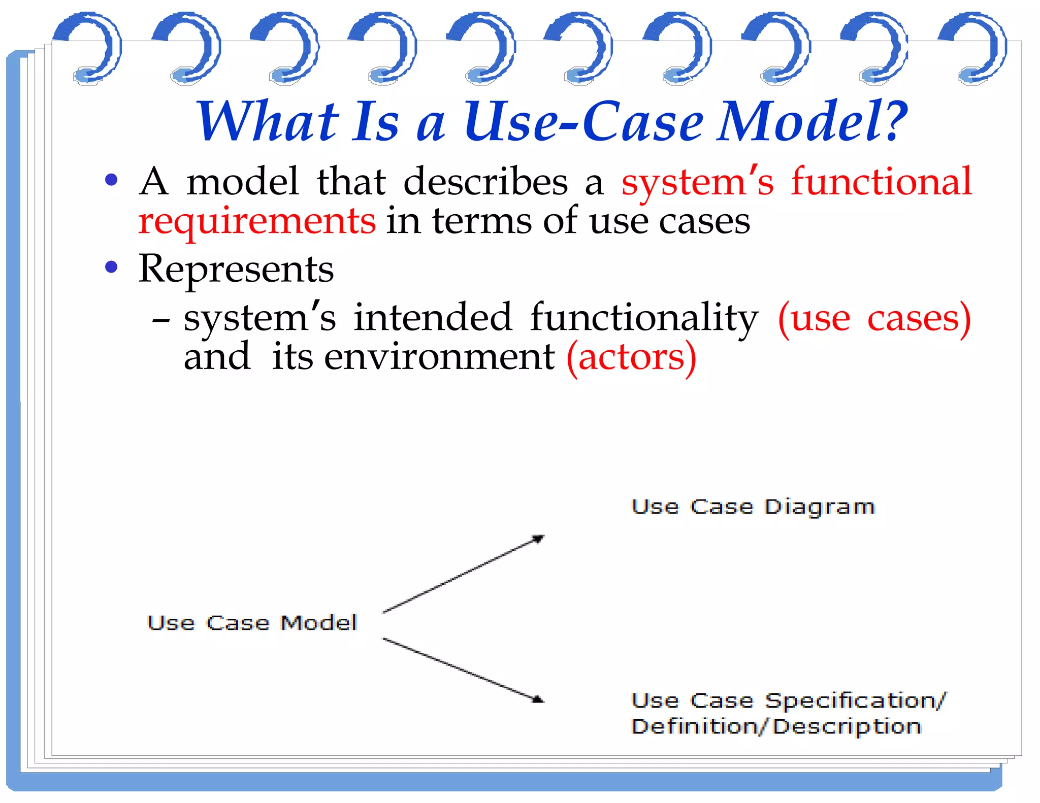 What Is a Use-Case Model?
• A model that describes a system’s functional
requirements in terms of use cases
• Represents
– system’s intended functionality (use cases)
and its environment (actors)
 