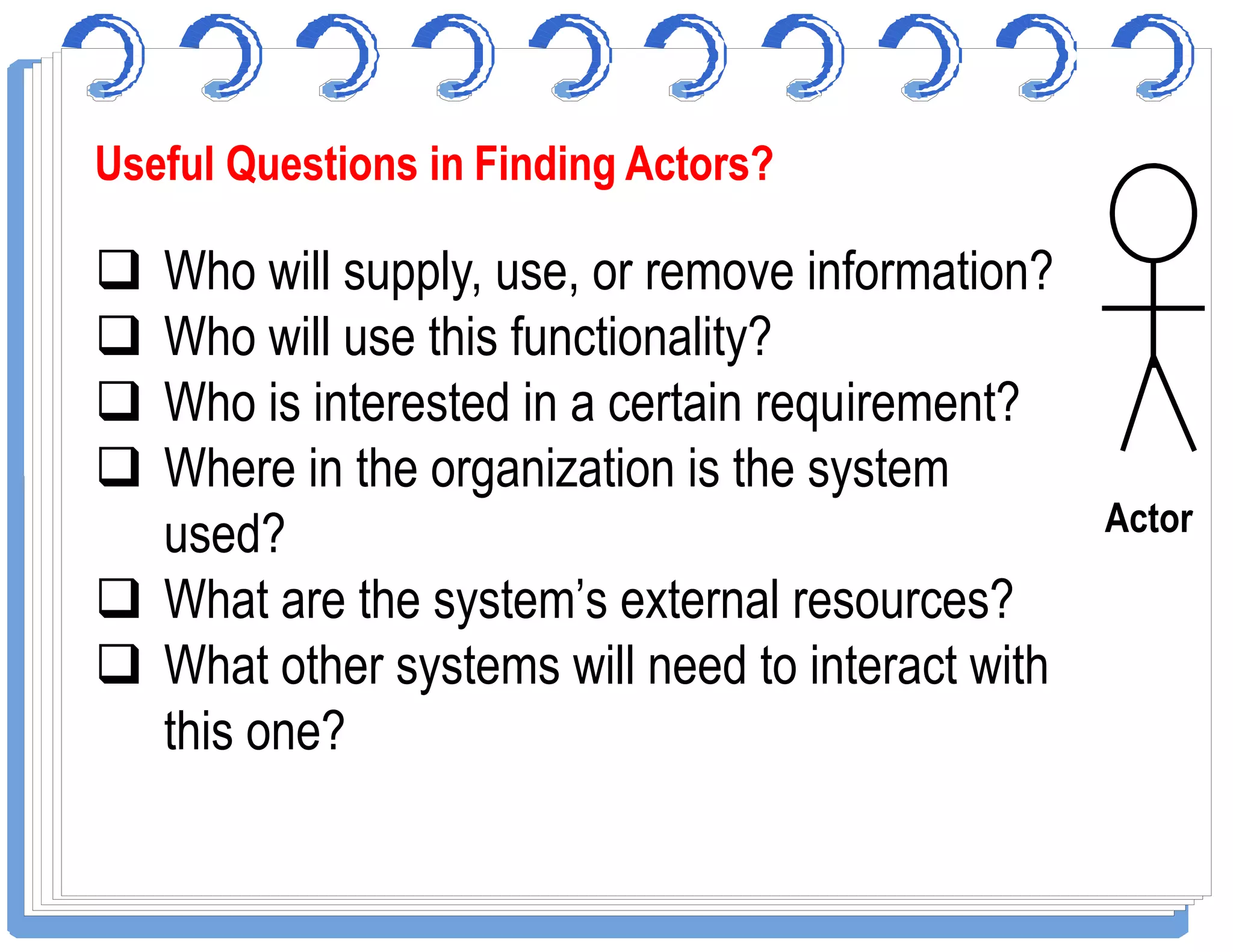 Who will supply, use, or remove information?
 Who will use this functionality?
 Who is interested in a certain requirement?
 Where in the organization is the system
Useful Questions in Finding Actors?Useful Questions in Finding Actors?
Actor
 Where in the organization is the system
used?
 What are the system’s external resources?
 What other systems will need to interact with
this one?
 