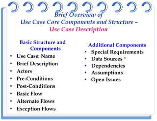 Brief Overview of
Use Case Core Components and Structure –
Use Case Description
Basic Structure and
Components
• Use Case: Name
• Brief Description
Additional Components
• Special Requirements
• Data Sources *
• Brief Description
• Actors
• Pre-Conditions
• Post-Conditions
• Basic Flow
• Alternate Flows
• Exception Flows
• Data Sources *
• Dependencies
• Assumptions
• Open Issues
 