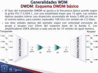 DWDM: Esquema DWDM básico
 El láser del transponder DWDM se ajusta a la frecuencia óptica acorde según
la grilla ITU-T G.694.1, con una estabilidad mejor que 10 ppm. Las señales
ópticas pueden tolerar una dispersión acumulada de hasta 5.400 ps/nm en
el camino óptico, para canales separados 100 Ghz con señales de 2.5 Gbps.
 Las diez señales ópticas del ejemplo viajan con velocidad constante de
grupo y ocupan casi 20nm del espectro base de la banda C. Los
amplificadores EDFA afectan a cada una de las 10 señales de igual manera.
FO
100 Km.
LA
Tx
FO
100 Km.
LA
FO
100 Km.
λ1S1
Tx
λ2S2
Tx
λ2S2
Tx
λNSN
.
.
.
.
MULTIPLEXOR
DEMULTIPLEXOR
Rx
S1λ1
Rx
S2λ2
Rx
S2λ2
Rx
SNλN
.
.
.
.
Transponder Receptor
 