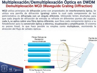 Demultiplexación WGD (Waveguide Grating Diffraction)
WGD utiliza principios de difracción junto con propiedades de interferometría óptica. Se
utiliza una parrilla de difracción (grating) sobre la cual cada componente de luz
policromática es difractada con un ángulo diferente. Utilizando lentes diseñadas para
que cada ángulo de difracción de entrada se refracte en diferentes puntos del espacio,
cada λk se aplica sobre una fibra óptica diferente, que lleva cada componente óptico a su
fotodetector para la conversión óptica a eléctrica, ecualización y amplificación. El sistema
es pasivo lineal, lo que hace posible su empleo como multiplexor, revirtiendo la
dirección del flujo de señales ópticas.
 