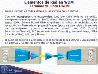 Terminal de Línea DWDM
 Equipo ubicado en cada extremo de un camino óptico DWDM.
 Contiene transponders o muxponders (uno por cada longitud de onda);
multiplexor/demultiplexor o BMDX (Band Mux/Demux); un amplificador
óptico EDFA (Erbium Doped Fiber Amplifier) a la salida del multiplexor; en
recepción; un filtro más un preamplificador óptico de bajo ruido a la entrada
del demultiplexor; y otros módulos de control como OSC (Optical
Supervisory Channel), ALC (Automatic Laser Control) y, eventualmente, LOFA
(Line Amplifier), splitters y filtros.
 El gabinete soporta placas para el monitoreo de la red DWDM y visualización
de alarmas y fuentes de alimentación redundantes.
 