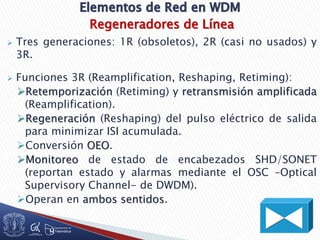 Regeneradores de Línea
 Tres generaciones: 1R (obsoletos), 2R (casi no usados) y
3R.
 Funciones 3R (Reamplification, Reshaping, Retiming):
Retemporización (Retiming) y retransmisión amplificada
(Reamplification).
Regeneración (Reshaping) del pulso eléctrico de salida
para minimizar ISI acumulada.
Conversión OEO.
Monitoreo de estado de encabezados SHD/SONET
(reportan estado y alarmas mediante el OSC –Optical
Supervisory Channel- de DWDM).
Operan en ambos sentidos.
 