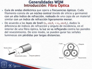 Introducción: Fibra Óptica
 Guía de ondas dieléctrica que opera a frecuencias ópticas. Cada
filamento consta de un núcleo central (óxido de silicio y germanio)
con un alto índice de refracción, rodeado de una capa de un material
similar con un índice de refracción ligeramente menor.
 De acuerdo a las leyes de Snell (𝑛1. sin 𝜃1 = 𝑛2. sin 𝜃2), dados la
diferencia de índices de refracción y ángulo de incidencia, en el
interior de una fibra óptica, la luz se va reflejando contra las paredes
del revestimiento. De este modo, se pueden guiar las señales
luminosas sin pérdidas por largas distancias.
 