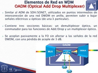 OADM (Optical Add Drop Multiplexer)
 Similar al ADM de SDH/SONET, utilizados en puntos intermedios de
interconexión de una red DWDM en anillo, permiten subir o bajar
señales eléctricas u ópticas (de una λ particular).
 Contiene tres secciones básicas: un demultiplexor óptico, un
conmutador para las funciones de Add/Drop y un multiplexor óptico.
 Se acoplan pasivamente a la FO sin afectar a las señales de la red
DWDM, con una pérdida de acople de 3 dB.
 