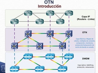 Introducción
Capa IP
(Routers - Links)
OTN
Capa Eléctrica: Mapeo de
cliente, múltiplex de conexión,
composición, monitoreo,
protección/restauración de
ancho de banda no varado.
DWDM
Capa óptica: Add/Drop,
protección, restauración.
 