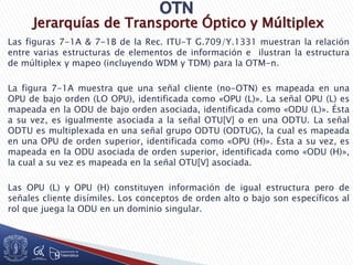 Jerarquías de Transporte Óptico y Múltiplex
Las figuras 7-1A & 7-1B de la Rec. ITU-T G.709/Y.1331 muestran la relación
entre varias estructuras de elementos de información e ilustran la estructura
de múltiplex y mapeo (incluyendo WDM y TDM) para la OTM-n.
La figura 7-1A muestra que una señal cliente (no-OTN) es mapeada en una
OPU de bajo orden (LO OPU), identificada como «OPU (L)». La señal OPU (L) es
mapeada en la ODU de bajo orden asociada, identificada como «ODU (L)». Ésta
a su vez, es igualmente asociada a la señal OTU[V] o en una ODTU. La señal
ODTU es multiplexada en una señal grupo ODTU (ODTUG), la cual es mapeada
en una OPU de orden superior, identificada como «OPU (H)». Ésta a su vez, es
mapeada en la ODU asociada de orden superior, identificada como «ODU (H)»,
la cual a su vez es mapeada en la señal OTU[V] asociada.
Las OPU (L) y OPU (H) constituyen información de igual estructura pero de
señales cliente disímiles. Los conceptos de orden alto o bajo son específicos al
rol que juega la ODU en un dominio singular.
 