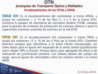 Jerarquías de Transporte Óptico y Múltiplex:
Encabezamientos de las OTUk y ODUk
ODUk OH: Es el encabezamiento del contenedor o trama ODUk, y
ocupa las columnas 1 a 14 de las filas 2, 3 y 4 de la trama OTU.
Contiene 6 campos de monitoreo de secciones tándem (TCM), campos
para la gestión de sistemas de protección de caminos ópticos y para la
supervisión extremo-extremo de caminos en la red OTN.
OPUk OH: Es el encabezamiento del contenedor o trama OPUk y
ocupa las columnas 15 y 16 de las 4 filas de la trama OTU. Contiene
diversos campos que identifican a la señal cliente encapsulada, así
como datos para el ajuste del mapeado de la señal cliente (justificación
entre relojes OPU y cliente). Incluye bytes para agregado de datos o de
indicación de justificación positiva, con relleno dentro del campo de
carga, para el ajuste de velocidades entre las señales cliente y la trama
OPUk.
O. R. Pons (2014)
 