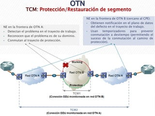 NE en la frontera de OTN B (cercano al CPE):
 Obtienen notificación en el plano de datos
del defecto en el trayecto de trabajo.
 Usan temporizadores para prevenir
conmutación a destiempo (permitiendo el
suceso de la conmutación al camino de
protección).
TCM: Protección/Restauración de segmento
NE en la frontera de OTN A:
 Detectan el problema en el trayecto de trabajo.
 Reconocen que el problema es de su dominio.
 Conmutan al trayecto de protección.
 