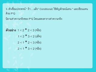 3. ตัวเชื่อมประพจน์ “ ถ้า….แล้ว” Conditional) ใช้สัญลักษณ์แทน * และเขียนแทน
ด้วย P*Q
นิยามค่าความจริงของ P*Q โดยแสดงตารางค่าความจริง
ตัวอย่าง 1 < 2 * 2 < 3 (จริง)
1 < 2 * 3 < 2 (เท็จ)
2 < 1 * 2 < 3 (จริง)
2 < 1 * 3 < 2 (จริง)
 