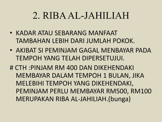 2. RIBAAL-JAHILIAH
• KADAR ATAU SEBARANG MANFAAT
TAMBAHAN LEBIH DARI JUMLAH POKOK.
• AKIBAT SI PEMINJAM GAGAL MENBAYAR PADA
TEMPOH YANG TELAH DIPERSETUJUI.
# CTH :PINJAM RM 400 DAN DIKEHENDAKI
MEMBAYAR DALAM TEMPOH 1 BULAN, JIKA
MELEBIHI TEMPOH YANG DIKEHENDAKI,
PEMINJAM PERLU MEMBAYAR RM500, RM100
MERUPAKAN RIBA AL-JAHILIAH.(bunga)
 