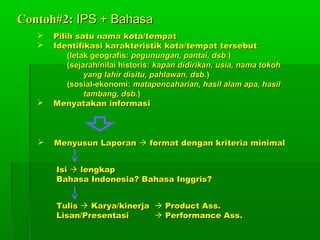 Contoh#2:Contoh#2: IPS + BahasaIPS + Bahasa
 Pilih satu nama kota/tempatPilih satu nama kota/tempat
 Identifikasi karakteristik kota/tempat tersebutIdentifikasi karakteristik kota/tempat tersebut
(letak geografis:(letak geografis: pegunungan, pantai, dsb.pegunungan, pantai, dsb.))
(sejarah/nilai historis:(sejarah/nilai historis: kapan didirikan, usia, nama tokohkapan didirikan, usia, nama tokoh
yang lahir disitu, pahlawan, dsb.yang lahir disitu, pahlawan, dsb.))
(sosial-ekonomi:(sosial-ekonomi: matapencaharian, hasil alam apa, hasilmatapencaharian, hasil alam apa, hasil
tambang, dsb.tambang, dsb.))
 Menyatakan informasiMenyatakan informasi
 Menyusun LaporanMenyusun Laporan  format dengan kriteria minimalformat dengan kriteria minimal
IsiIsi  lengkaplengkap
Bahasa Indonesia? Bahasa Inggris?Bahasa Indonesia? Bahasa Inggris?
TulisTulis  Karya/kinerjaKarya/kinerja  Product Ass.Product Ass.
Lisan/PresentasiLisan/Presentasi  Performance Ass.Performance Ass.
 