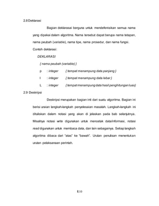 II.10
2.8Deklarasi
Bagian deklarasai berguna untuk mendefenisikan semua nama
yang dipakai dalam algoritma. Nama tersebut dapat berupa nama tetapan,
nama peubah (variable), nama tipe, nama prosedur, dan nama fungsi.
Contoh deklarasi:
DEKLARASI
{ nama peubah (variable) }
p : integer { tempat menampung data panjang }
l : integer { tempat menampung data lebar }
L : integer { tempat menampungdata hasil penghitunganluas}
2.9 Deskripsi
Deskripsi merupakan bagian inti dari suatu algoritma. Bagian ini
berisi uraian langkah-langkah penyelesaian masalah. Langkah-langkah ini
dituliskan dalam notasi yang akan di jelaskan pada bab selanjutnya.
Misalnya notasi write digunakan untuk mencetak data/informasi, notasi
read digunakan untuk membaca data, dan lain sebagainya. Setiap langkah
algoritma dibaca dari “atas” ke “bawah”. Urutan penulisan menentukan
urutan pelaksanaan perintah.
 