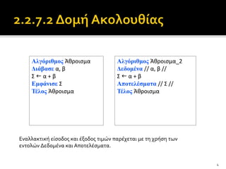 4
Αλγόριθμος Άθροισμα_2
Δεδομένα // α, β //
Σ  α + β
Αποτελέσματα // Σ //
Τέλος Άθροισμα
Αλγόριθμος Άθροισμα
Διάβασε α, β
Σ  α + β
Εμφάνισε Σ
Τέλος Άθροισμα
Εναλλακτική είσοδος και έξοδος τιμών παρέχεται με τη χρήση των
εντολών Δεδομένα και Αποτελέσματα.
 