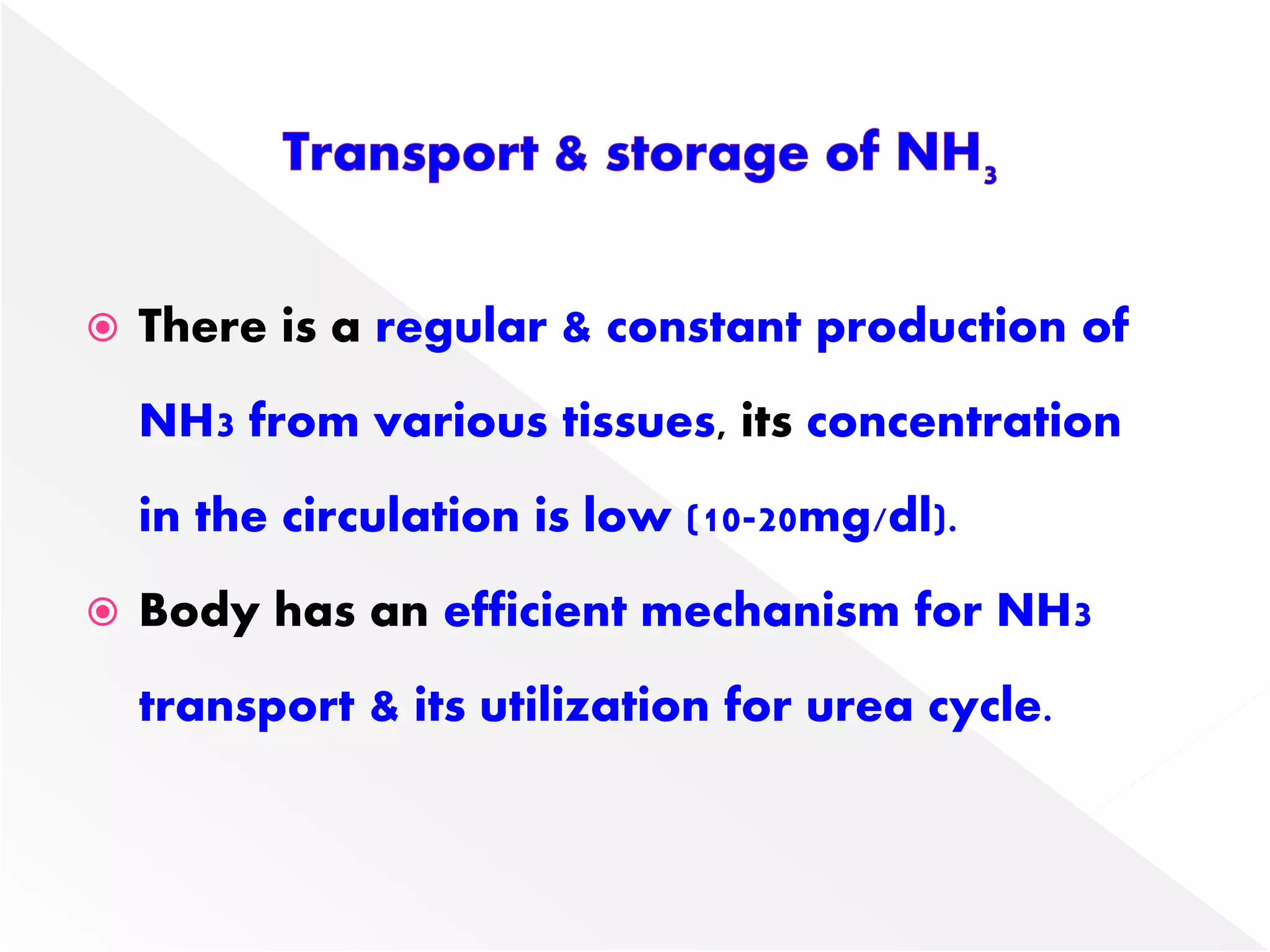  There is a regular & constant production of
NH3 from various tissues, its concentration
in the circulation is low (10-20mg/dl).
 Body has an efficient mechanism for NH3
transport & its utilization for urea cycle.
 