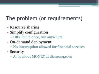 The problem (or requirements)
• Resource sharing
• Simplify configuration
▫ DRY: build once, run anywhere
• On-demand deployment
▫ No interruption allowed for financial services
• Security
▫ All is about MONEY at dianrong.com
 