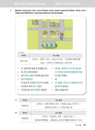 2	:gjggh ugpgj jee kxnh utvty dklk.x z.gh pgbgg bt;thuoa dgayg^ Kxnh utvty
ugpjsyhgg dgajinlsu gveeugg; bt;ttltl weuleelggjga^
(1)
(2)
A	 저, 실례지만 말씀 좀 묻겠습니다.
B	 네, 무슨 일이신데요?
A	 여기 한국서점이 어디에 있습니까?
B	 한국서점이요? 	
이 길로 죽 가시면 사거리가 나와요.	
거기에서 왼쪽으로 가세요.
A	 그러면 바로 한국서점이 나와요?
B	 아니요. 왼쪽으로 가서 한 20m쯤
더 가시면 오른쪽에 대한은행 건물
이 보일 거예요.
A	 네.
B	 그 건물을 지나서 두 번째 골목으로
들어가면 있어요.
A	 정말 고맙습니다.
목적지 가는 방법
한국서점
사거리 → 왼쪽 / 가다 → 20m 더 가다 → 오른쪽에 대한은행
건물 → 지나서 두 번째 골목 / 들어가다
загвар
목적지 가는 방법
서울슈퍼
삼거리 → 계속 똑바로 가다 → 똑바로 30m 더 가다 →
왼쪽에 큰 약국 → 그 약국 바로 뒤
목적지 가는 방법
지하철역
사거리 → 오른쪽 / 가다 → 좀 더 가다 →
맞은편에 백화점 → 횡단보도 건너서 백화점 정문 앞 / 가다
хичээл 06 123
 