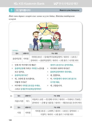 Bt;ltutt elgb dgzreel]z더 알아봅시다3
Ygap xny, ;gjggh ugpgjm kxnh pgbsu gveer dgayg^ Ygap;gg mgadgjlgr
fuffjta^
(1)
(2)
A	 민재 씨! 여기에서 뭐 해요?
B	 올림픽공원에 가려고 지하철 노선도를
보고 있어요.
A	 올림픽공원이요?
B	 네, 그런데 잘 모르겠어요. 	
어떻게 가지요?
A	 여기에서 지하철 2호선을 타세요.
그리고 동대문역사문화공원역에서
내려서 5호선으로 갈아타세요.
B	 어디에서 내려야 하지요?
A	 올림픽공원역에서 내리세요.
B	 네, 알겠어요.
A	 아, 지하철에서 내려서 3번 출구로
나가면 돼요.
B	 네, 고맙습니다.
장소 교통수단 가는 방법
시청 지하철
지하철 3호선 → 교대역 / 내리다 → 2호선 / 갈아타다 →
시청역 / 내리다 → 5번 출구 / 나가면 되다
장소 교통수단 가는 방법
서울도서관 버스
마을버스 10번 → 첫 번째 사거리 / 내리다 → 시내버스 7716번 /
갈아타다 → 은행 앞 정류장 / 내리다 → 횡단보도를 건너야 하다
장소 교통수단 가는 방법
올림픽공원 지하철
지하철 2호선 → 동대문역사문화공원역 / 내리다 → 5호선 /
갈아타다 → 올림픽공원역 / 내리다 → 3번 출구 / 나가면 되다
загвар
124
 