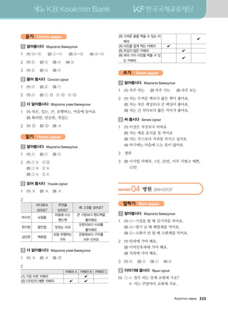 듣기 Сонсох дадал
1 	알아봅시다 Bt;ltutt dgzreel]z
1	 (1)	③-ⓑ (2) ①-ⓒ (3) ②-ⓓ (4) ④-ⓐ
2	 (1) ⓑ	 (2) ⓐ	 (3) ⓐ	 (4) ⓑ
3	 (1) ⓑ	 (2) ⓐ	 (3) ⓐ
2 	들어 봅시다 Vkyvkr vej]z
1	 (1) ⓐ	 (2) ⓓ	 (3) ⓒ
2	 (1) ⓐ	 (2) ① ○ ② ○ ③ ○
3 	더 알아봅시다 Bt;ltutt elgb dgzreel]z
1	 (1)	작은, 있는, 큰, 유행하는, 마음에 들어요
	 (2)	화려한, 단순한, 멋있는
2	 (1) ○	 (2) ○	 (3) ×
읽기 Унших дадал
1 	알아봅시다 Bt;ltutt dgzreel]z
1	 (1) ⓐ	 (2) ⓒ	 (3) ⓑ
2	 (1) ①× ②○
	 (2) ①× ②×
	 (3) ①× ②×
2 	읽어 봅시다 Eyinr vej]z
1	 (1) ×	 (2) ×	 (3) ×
2	
어디에서
샀어요?
무엇을
샀어요?
왜 그것을 샀어요?
박수빈 쇼핑몰
마음에 드는
핸드백
큰 가방보다 핸드백을
좋아해요
한지원 할인점 맛있는 사과
오렌지보다 사과를
좋아해요
김민준 백화점
요즘 유행하는
구두
운동화보다 구두를
자주 신어요
3 	더 알아봅시다 Bt;ltutt elgb dgzreel]z
1	 (1) ×	 (2) ×	 (3) ○
2	
카메라 A 카메라 B 카메라 C
(1) 가장 비싼 카메라 ✔
(2) 디자인이 예쁜 카메라 ✔ ✔
(3) 가까운 꽃을 찍을 수 있는 카
메라
✔
(4) 사진을 쉽게 찍는 카메라 ✔
(5) 무겁지 않은 카메라 ✔
(6) 여러 가지 사진을 찍을 수 있
는 카메라
✔
쓰기 Бичих дадал
1 	알아봅시다 Bt;ltutt dgzreel]z
1	 (1)	자주 먹는	 (2) 자주 가는	 (3) 자주 보는
2	 (1)	저는 두꺼운 책보다 얇은 책이 좋아요.
	 (2)	저는 작은 책상보다 큰 책상이 좋아요.
	 (3)	저는 긴 치마보다 짧은 치마가 좋아요.
2 	써 봅시다 Dnxnr vej]z
1	 (1)	이것은 저것보다 비싸요
	 (2)	저는 매운 음식을 못 먹어요
	 (3)	저는 주스보다 커피를 마시고 싶어요
	 (4)	여기에는 마음에 드는 옷이 많아요
2	 생략
3	 (2)	디지털 카메라, 1년, 20만, 아주 가볍고 예쁜,
15만
HNXTTL 04 병원 TBYTLTU
말하기 Ярих дадал
1 	알아봅시다 Bt;ltutt dgzreel]z
1	 (1)	ⓒ-기침을 할 때 감기약을 먹어요.
	 (2)	ⓓ-열이 날 때 해열제를 먹어요.
	 (3)	ⓑ-소화가 안 될 때 소화제를 먹어요.
2	 (1)	안과에 가야 해요.
	 (2)	이비인후과에 가야 해요.
	 (3)	치과에 가야 해요.
3	 (1) ⓑ	 (2) ⓐ	 (3) ⓒ	 (4) ⓓ
2 	이야기해 봅시다 Zj,r vej]z
(1)	 ①	A : 정우 씨는 언제 교회에 가요?
		 B : 저는 주말마다 교회에 가요.
Gveelmsy hgjne   335
 