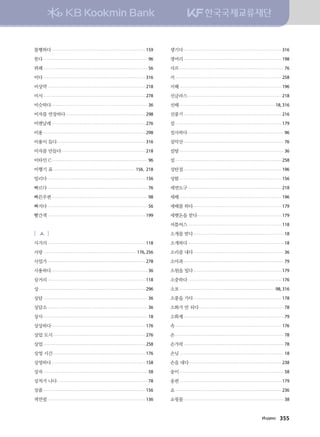 불행하다........................................................................................... 159
붓다..................................................................................................... 96
뷔페..................................................................................................... 56
비다................................................................................................... 316
비상약............................................................................................... 218
비서................................................................................................... 278
비슷하다............................................................................................. 36
비자를 연장하다.............................................................................. 298
비엔날레........................................................................................... 276
비용................................................................................................... 298
비용이 들다...................................................................................... 316
비자를 만들다.................................................................................. 218
비타민 C............................................................................................. 96
비행기 표................................................................................ 156, 218
빌리다............................................................................................... 156
빠르다................................................................................................. 76
빠른우편............................................................................................. 98
빠지다................................................................................................. 56
빨간색............................................................................................... 199
[ ㅅ ]
사거리............................................................................................... 118
사랑.......................................................................................... 176, 256
사업가............................................................................................... 278
사용하다............................................................................................. 36
삼거리............................................................................................... 118
상....................................................................................................... 296
상담..................................................................................................... 36
상담소................................................................................................. 36
상사..................................................................................................... 18
상상하다........................................................................................... 176
상업 도시.......................................................................................... 276
상업................................................................................................... 258
상영 시간.......................................................................................... 176
상영하다........................................................................................... 158
상자..................................................................................................... 58
상처가 나다........................................................................................ 78
상품................................................................................................... 156
색연필............................................................................................... 136
생기다............................................................................................... 316
생머리............................................................................................... 198
샤프..................................................................................................... 76
서....................................................................................................... 258
서해................................................................................................... 196
선글라스........................................................................................... 218
선배.............................................................................................18, 316
선풍기............................................................................................... 216
설....................................................................................................... 179
설사하다............................................................................................. 96
설악산................................................................................................. 76
설탕..................................................................................................... 36
섬....................................................................................................... 258
성탄절............................................................................................... 196
성함................................................................................................... 156
세면도구........................................................................................... 218
세배................................................................................................... 196
세배를 하다...................................................................................... 179
세뱃돈을 받다.................................................................................. 179
셔틀버스........................................................................................... 118
소개를 받다........................................................................................ 18
소개하다............................................................................................. 18
소리를 내다........................................................................................ 36
소아과................................................................................................. 79
소원을 빌다...................................................................................... 179
소중하다........................................................................................... 176
소포.............................................................................................98, 316
소풍을 가다...................................................................................... 178
소화가 안 되다.................................................................................. 78
소화제................................................................................................. 79
속....................................................................................................... 176
손......................................................................................................... 78
손가락................................................................................................. 78
손님..................................................................................................... 18
손을 대다.......................................................................................... 238
송이..................................................................................................... 58
송편................................................................................................... 179
쇼....................................................................................................... 236
쇼핑몰................................................................................................. 38
Ny;е[v   355
 