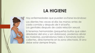 LA HIGIENE
Hay enfermedades que pueden evitarse lavándose:
Los dientes tres veces al día; las manos antes de
cada comida y después de ir al baño.
Los genitales después de cada relación sexual.
Si tenemos hemorroides (pequeñas bultos que salen
alrededor del ano y son dolorosas), podemos aliviar
las molestias, poniéndonos hielo o tomando baños
calientes, directamente en la zona afectada. El ano
debe estar siempre limpio.
 