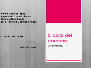 El ciclo del
carbono.
3er Semestre.
Karina Martínez López.
Alejandra Escobedo Ramos.
Gabriela Haro Rosales.
José Francisco Camacho Huizar.
CIENCIAS NATURALES.
José Luis Pinedo.
 