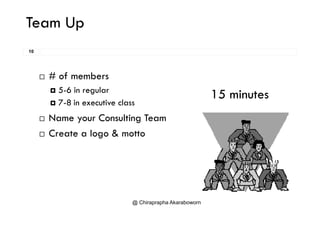 Team Up
10
 # of members
5 6 l 5-6 in regular
 7-8 in executive class
15 minutes
 Name your Consulting Team
 Create a logo & motto
@ Chiraprapha Akaraboworn
 