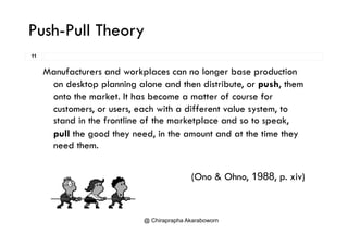Push-Pull Theory
11
Manufacturers and workplaces can no longer base production
on desktop planning alone and then distribute, or push, them
t th k t It h b tt f fonto the market. It has become a matter of course for
customers, or users, each with a different value system, to
stand in the frontline of the marketplace and so to speak,stand in the frontline of the marketplace and so to speak,
pull the good they need, in the amount and at the time they
need them.
(Ono & Ohno, 1988, p. xiv)(Ono & Ohno, 1988, p. xiv)
@ Chiraprapha Akaraboworn
 