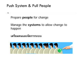 Push System & Pull People
12
Prepare people for change
Manage the systems to allow change to
happenhappen
ี ัเตรียมคนและจัดการระบบ
@ Chiraprapha Akaraboworn
 