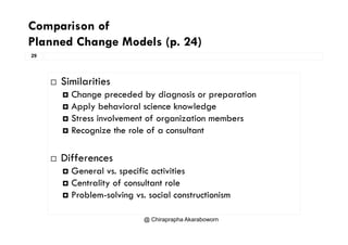 Comparison of
Pl d Ch M d l ( 24)
29
Planned Change Models (p. 24)
 Similarities
 Change preceded by diagnosis or preparation Change preceded by diagnosis or preparation
 Apply behavioral science knowledge
 Stress involvement of organization membersg
 Recognize the role of a consultant
 Differences
 General vs. specific activities
 Centrality of consultant role
 Problem-solving vs. social constructionism
@ Chiraprapha Akaraboworn
 