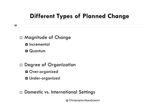 Different Types of Planned Change
30
Different Types of Planned Change
 Magnitude of Change
I t l Incremental
 Quantum
 Degree of Organization
 Over-organized
 Under-organized
 Domestic vs. International Settings
@ Chiraprapha Akaraboworn
g
 