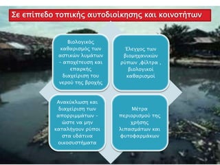 Σε επίπεδο τοπικής αυτοδιοίκησης και κοινοτήτων
Βιολογικός
καθαρισµός των
αστικών λυµάτων
– αποχέτευση και
επαρκής
διαχείριση του
νερού της βροχής
Έλεγχος των
βιομηχανικών
ρύπων ,φίλτρα ,
βιολογικοί
καθαρισµοί
Μέτρα
περιορισµού της
χρήσης
λιπασμάτων και
φυτοφαρμάκων
Ανακύκλωση και
διαχείριση των
απορριμμάτων –
ώστε να µην
καταλήγουν ρύποι
στα υδάτινα
οικοσυστήματα
 