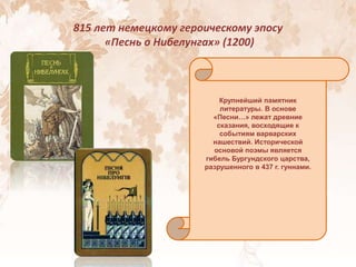 815 лет немецкому героическому эпосу
«Песнь о Нибелунгах» (1200)
Крупнейший памятник
литературы. В основе
«Песни…» лежат древние
сказания, восходящие к
событиям варварских
нашествий. Исторической
основой поэмы является
гибель Бургундского царства,
разрушенного в 437 г. гуннами.
 