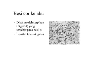 Besi cor kelabu
• Disusun oleh serpihan
C (grafit) yang
tersebar pada besi-a
• Bersifat keras & getas
 