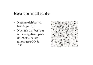 Besi cor malleable
• Disusun oleh besi-a
dan C (grafit)
• Dibentuk dari besi cor
putih yang dianil pada
800-900oC dalam
atmosphere CO &
CO2
 