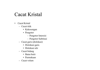 Cacat Kristal
• Cacat Kristal
– Cacat titik
• Kekosongan
• Pengotor
– Pengotor Intersisi
– Pengotor Subtitusi
– Cacat garis (dislokasi)
• Dislokasi garis
• Dislokasi ulir
– Cacat bidang
• Batas butir
• Permukaan
– Cacat volum
 