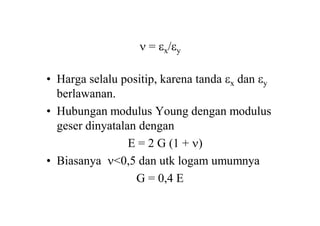  = x/y
• Harga selalu positip, karena tanda x dan y
berlawanan.
• Hubungan modulus Young dengan modulus
geser dinyatalan dengan
E = 2 G (1 + )
• Biasanya <0,5 dan utk logam umumnya
G = 0,4 E
 