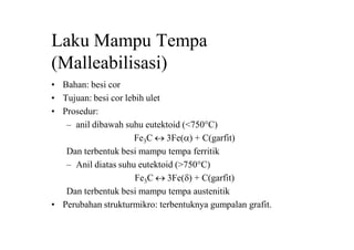 Laku Mampu Tempa
(Malleabilisasi)
• Bahan: besi cor
• Tujuan: besi cor lebih ulet
• Prosedur:
– anil dibawah suhu eutektoid (<750C)
Fe3C  3Fe(a) + C(garfit)
Dan terbentuk besi mampu tempa ferritik
– Anil diatas suhu eutektoid (>750C)
Fe3C  3Fe(d) + C(garfit)
Dan terbentuk besi mampu tempa austenitik
• Perubahan strukturmikro: terbentuknya gumpalan grafit.
 