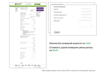 Количество конверсий выросло на 130%
Стоимость одной конверсии уменьшилась
на 56,5%
Кейс предоставлен агентством NIKA и клиентом «Страховой партнер»
 