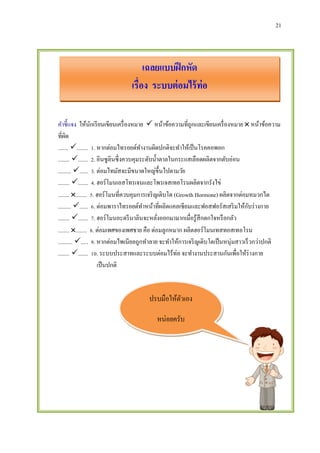 21
เฉลยแบบฝึกหัด
เรื่อง ระบบต่อมไร้ท่อ
คาชี้แจง ให้นักเรียนเขียนเครื่องหมาย  หน้าข้อความที่ถูกและเขียนเครื่องหมาย  หน้าข้อความ
ที่ผิด
....... ........ 1. หากต่อมไทรอยด์ทางานผิดปกติจะทาให้เป็นโรคคอพอก
........ ....... 2. อินซูลินซึ่งควบคุมระดับน้าตาลในกระแสเลือดผลิตจากตับอ่อน
......... ...... 3. ต่อมไทมัสจะมีขนาดใหญ่ขึ้นไปตามวัย
........ ....... 4. ฮอร์โมนเอสโทรเจนและโพรเจสเทอโรนผลิตจากรังไข่
........ ........ 5. ฮอร์โมนที่ควบคุมการเจริญเติบโต (Growth Hormone) ผลิตจากต่อมหมวกไต
......... ...... 6. ต่อมพาราไทรอยด์ทาหน้าที่ผลิตแคลเซียมและฟอสฟอรัสเสริมให้กับร่างกาย
........ ....... 7. ฮอร์โมนอะดรีนาลินจะหลั่งออกมามากเมื่อรู้สึกตกใจหรือกลัว
........ ........ 8. ต่อมเพศของเพศชาย คือ ต่อมลูกหมาก ผลิตฮอร์โมนเทสทอสเทอโรน
.......... ..... 9. หากต่อมไพเนียลถูกทาลาย จะทาให้การเจริญเติบโตเป็นหนุ่มสาวเร็วกว่าปกติ
........ ....... 10. ระบบประสาทและระบบต่อมไร้ท่อ จะทางานประสานกันเพื่อให้ร่างกาย
เป็นปกติ
ปรบมือให้ตัวเอง
หน่อยครับ
 