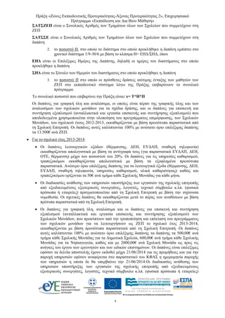 Πράξη «Ζώνες Εκπαιδευτικής Προτεραιότητας-Άξονας Προτεραιότητας 2», Επιχειρησιακό
Πρόγραμμα «Εκπαίδευση και Δια Βίου Μάθηση»
9 
ΣΑΤΣΖΕΠ είναι ο Συνολικός Αριθμός των Τμημάτων όλων των Σχολείων που συμμετέχουν στη
ΖΕΠ
ΣΑΤΣΣΕ είναι ο Συνολικός Αριθμός των Τμημάτων όλων των Σχολείων που συμμετέχουν στη
δαπάνη
2. το ποσοστό H, στο οποίο το διάστημα στο οποίο προκλήθηκε η δαπάνη εμπίπτει στο
χρονικό διάστημα 1/9-30/6 με βάση το κλάσμα H= ΕΗΔ/ΣΗΔ, όπου
ΕΗΔ είναι οι Επιλέξιμες Ημέρες της Δαπάνης, δηλαδή οι ημέρες του διαστήματος στο οποίο
προκλήθηκε η δαπάνη
ΣΗΔ είναι το Σύνολο των Ημερών του διαστήματος στο οποίο προκλήθηκε η Δαπάνη
3. το ποσοστό Π στο οποίο οι πρόσθετες δράσεις ισότιμης ένταξης των μαθητών των
ΖΕΠ στο εκπαιδευτικό σύστημα λόγω της Πράξης επιβαρύνουν το συνολικό
πρόγραμμα.
Το συνολικό ποσοστό που επιβαρύνει την Πράξη είναι: x= T*H*Π
Οι δαπάνες για γραφική ύλη και αναλώσιμα, οι οποίες είναι πέραν της γραφικής ύλης και των
αναλωσίμων των σχολικών μονάδων για τα σχέδια δράσης, και οι δαπάνες για επισκευή και
συντήρηση εξοπλισμού (ανταλλακτικά και εργασία επισκευής και συντήρησης εξοπλισμού) που
αποδεδειγμένα χρησιμοποιείται στην υλοποίηση του προγράμματος επιμόρφωσης, των Σχολικών
Μονάδων, του σχολικού έτους 2012-2013, εκκαθαρίζονται με βάση πρωτότυπα παραστατικά από
τη Σχολική Επιτροπή. Οι δαπάνες αυτές καλύπτονται 100% με ανώτατο όριο επιλέξιμης δαπάνης
τα 13.500€ ανά ΖΕΠ.
• Για το σχολικό έτος 2013-2014:
• Οι δαπάνες λειτουργικών εξόδων (θέρμανσης, ΔΕΗ, ΕΥΔΑΠ, σταθερή τηλεφωνία)
εκκαθαρίζονται απολογιστικά με βάση τα αντίγραφά τους (για παραστατικά ΕΥΔΑΠ, ΔΕΗ,
ΟΤΕ, θέρμανση) μέχρι του ποσοστού του 20%. Οι δαπάνες για τις υπηρεσίες καθαρισμού,
τραπεζοκόμου εκκαθαρίζονται απολογιστικά με βάση τα εξοφλημένα πρωτότυπα
παραστατικά. Ανώτερο όριο επιλέξιμης δαπάνης για τα λειτουργικά έξοδα (θέρμανσης, ΔΕΗ,
ΕΥΔΑΠ, σταθερή τηλεφωνία, υπηρεσίες καθαρισμού, υλικά καθαριότητας) καθώς και
τραπεζοκόμου ορίζονται τα 50€ ανά τμήμα κάθε Σχολικής Μονάδας για κάθε μήνα.
• Οι διαδικασίες ανάθεσης των υπηρεσιών υποστήριξης των εργασιών της σχολικής επιτροπής
από εξειδικευμένους εξωτερικούς συνεργάτες, λογιστές, τεχνικό σύμβουλο κ.λπ. (φυσικά
πρόσωπα ή εταιρείες) πραγματοποιείται από τη Σχολική Επιτροπή με βάση την ισχύουσα
νομοθεσία. Οι σχετικές δαπάνες θα εκκαθαρίζονται μετά το πέρας των αναθέσεων με βάση
πρότυπα παραστατικά από τη Σχολική Επιτροπή.
• Οι δαπάνες για γραφική ύλη, αναλώσιμα και οι δαπάνες για επισκευή και συντήρηση
εξοπλισμού (ανταλλακτικά και εργασία επισκευής και συντήρησης εξοπλισμού) των
Σχολικών Μονάδων, που προκύπτουν από την τροποποίηση και επέκταση του προγράμματος
των σχολικών μονάδων για να λειτουργήσουν ως ΖΕΠ το σχολικό έτος 2013-2014,
εκκαθαρίζονται με βάση πρωτότυπα παραστατικά από τη Σχολική Επιτροπή. Οι δαπάνες
αυτές καλύπτονται 100% με ανώτατο όριο επιλέξιμης δαπάνης τα δαπάνης τα 500,00€ ανά
τμήμα κάθε Σχολικής Μονάδας για τα Δημοτικά Σχολεία, 600,00€ ανά τμήμα κάθε Σχολικής
Μονάδας για τα Νηπιαγωγεία, καθώς και με 2000,00€ ανά Σχολική Μονάδα ως προς τις
ανάγκες του έργου των ερευνητών και των ειδικών επιστημόνων. Οι δαπάνες είναι επιλέξιμες
εφόσον τα δελτία αποστολής έχουν εκδοθεί μέχρι 21/06/2014 για τις προμήθειες και για την
παροχή υπηρεσιών εφόσον αναφέρεται στο παραστατικό του ΚΦΑΣ η ημερομηνία παροχής
των υπηρεσιών η οποία δε θα υπερβαίνει την 21/06/2014.Οι διαδικασίες ανάθεσης των
υπηρεσιών υποστήριξης των εργασιών της σχολικής επιτροπής από εξειδικευμένους
εξωτερικούς συνεργάτες, λογιστές, τεχνικό σύμβουλο κ.λπ. (φυσικά πρόσωπα ή εταιρείες)
 