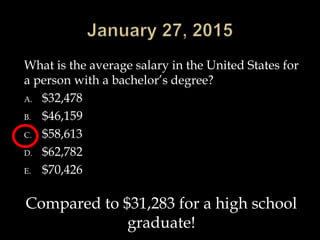 What is the average salary in the United States for
a person with a bachelor’s degree?
A. $32,478
B. $46,159
C. $58,613
D. $62,782
E. $70,426
Compared to $31,283 for a high school
graduate!
 
