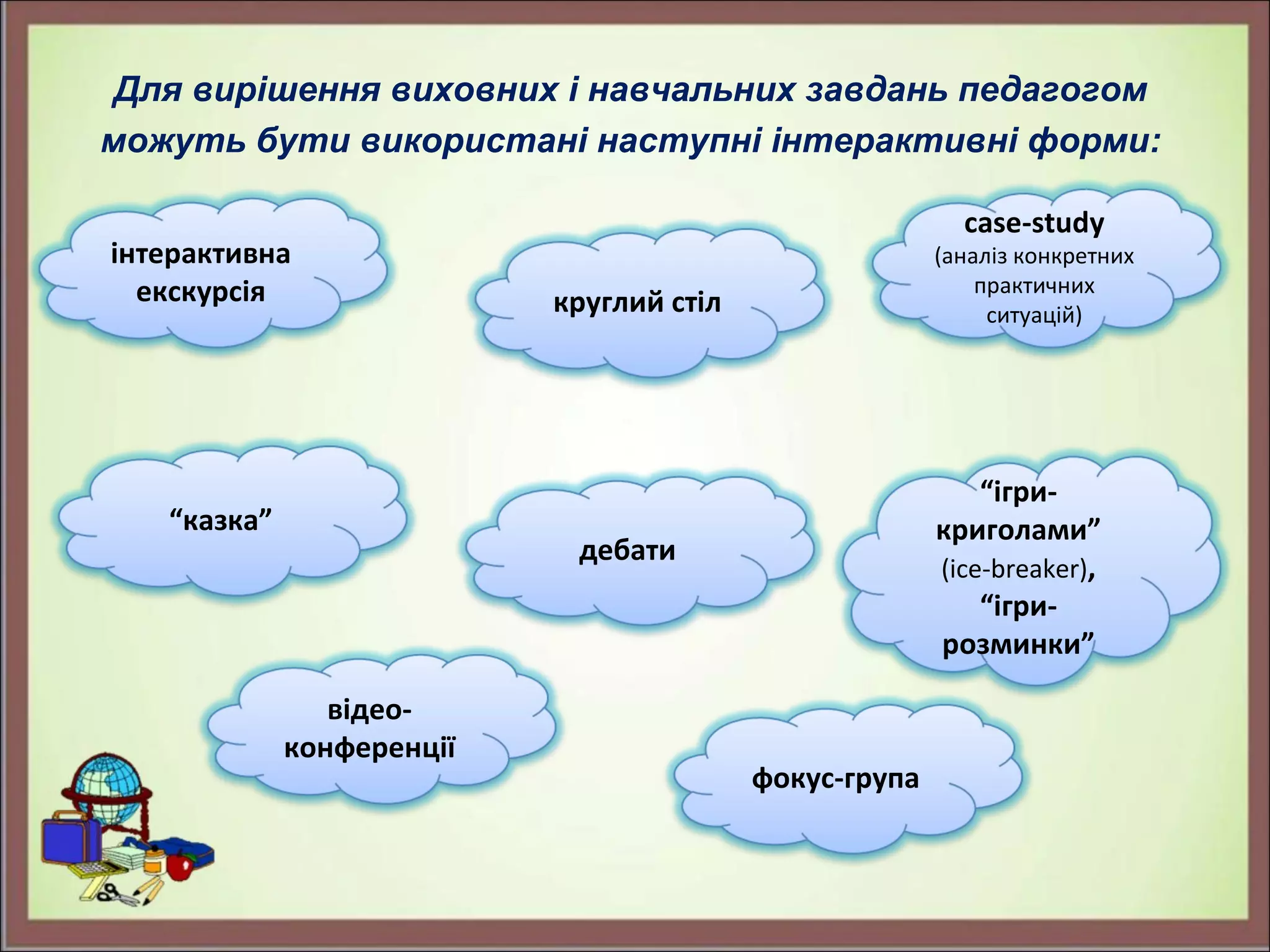 Для вирішення виховних і навчальних завдань педагогом
можуть бути використані наступні інтерактивні форми:
інтерактивна
екскурсія
“казка”
відео-
конференції
фокус-група
“ігри-
криголами”
(ice-breaker),
“ігри-
розминки”
case-study
(аналіз конкретних
практичних
ситуацій)круглий стіл
дебати
 