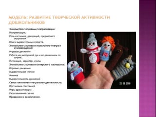 Знакомство с основами театрализации:
Импровизация,
Роль костюмов, декораций, предметного
окружения
Поиск выразительных средств.
Знакомство с основами кукольного театра и
кукловождения:
Игровые движения
Работа над моторикой рук и ее движением по
ширме,
Интонация, характер, куклы
Знакомство с основами актерского мастерства:
Игровые движения
Выразительное чтение
Мимика
Выразительность движений
Самостоятельная театральная деятельность:
Постановка спектаклей
Игры-драматизации
Рассказывание сказок
Праздники и развлечения.
 