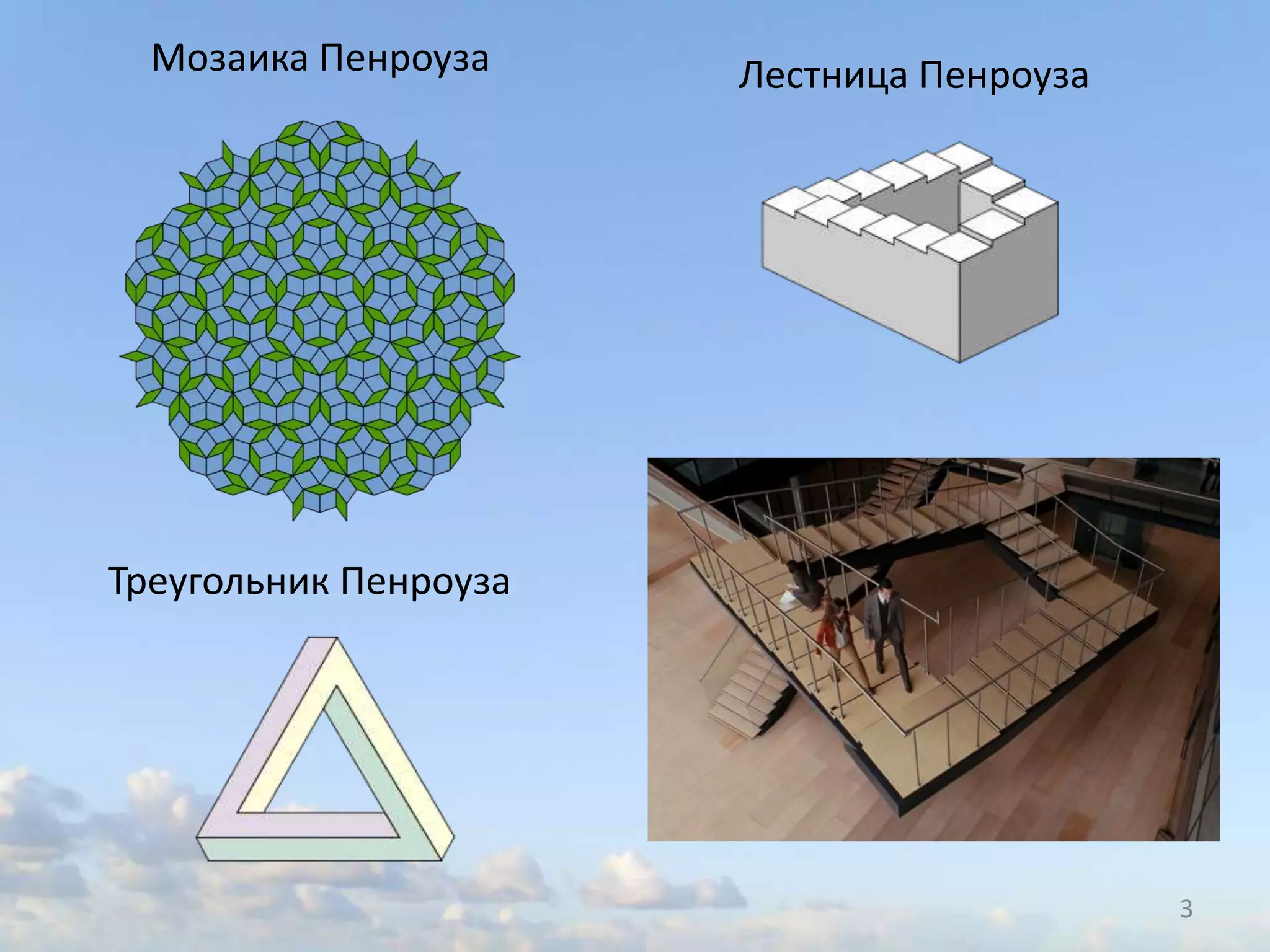 3
Мозаика Пенроуза
Треугольник Пенроуза
Лестница Пенроуза
 