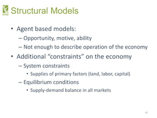 Structural Models
• Agent based models:
– Opportunity, motive, ability
– Not enough to describe operation of the economy
•...