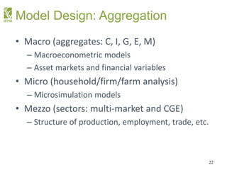 Model Design: Aggregation
• Macro (aggregates: C, I, G, E, M)
– Macroeconometric models
– Asset markets and financial vari...